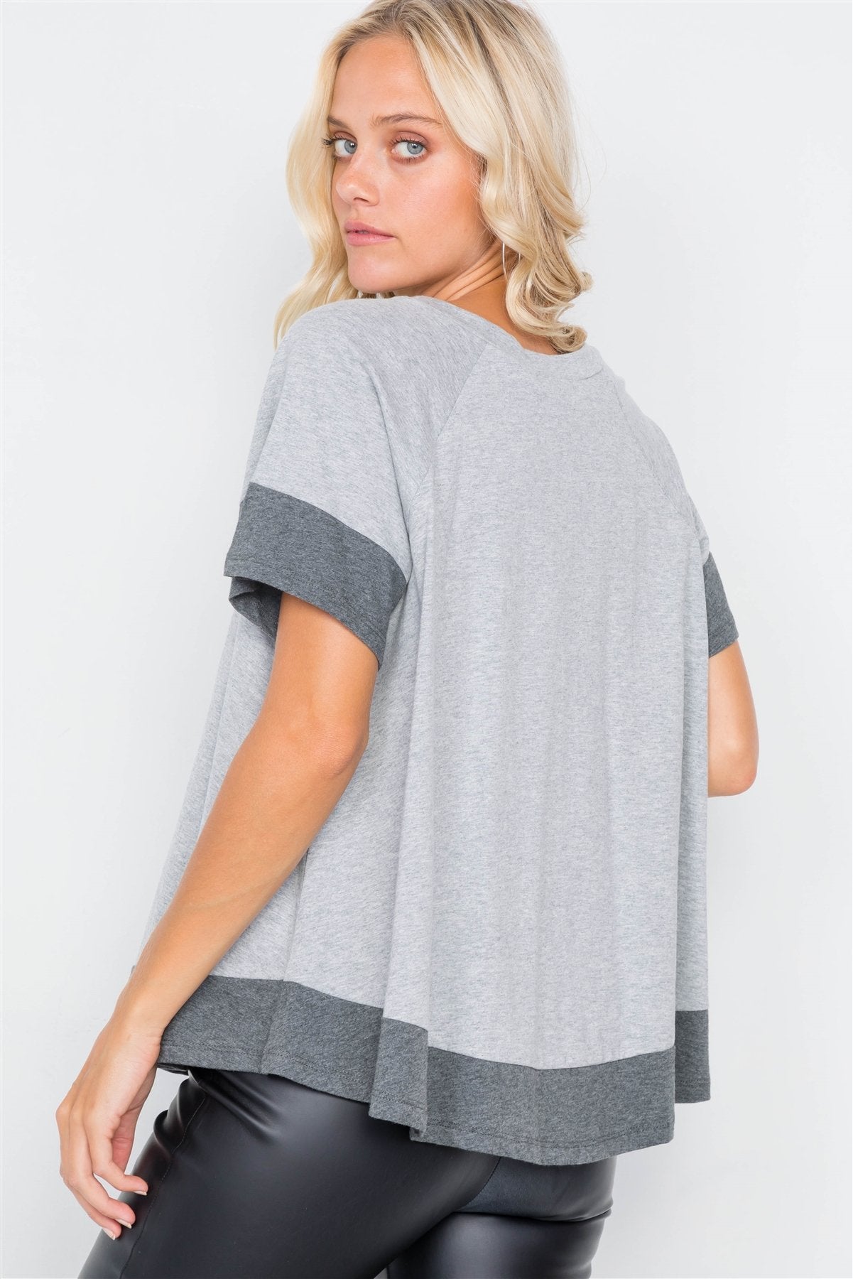 Grey Contrast Trim Flare Cotton Tee