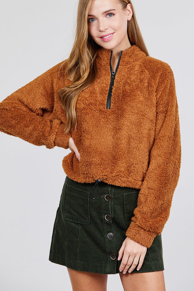 Long Dolman Sleeve Mock Neck W/zipper Detail Toggle Elastic Hem Faux Fur Top