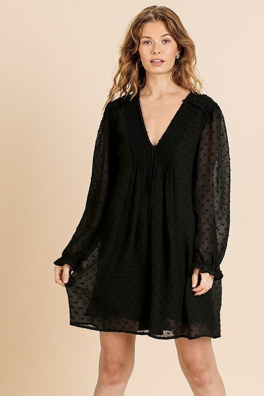 Sheer Polka Dot Fabric Long Ruffle Sleeve V-neck Dress