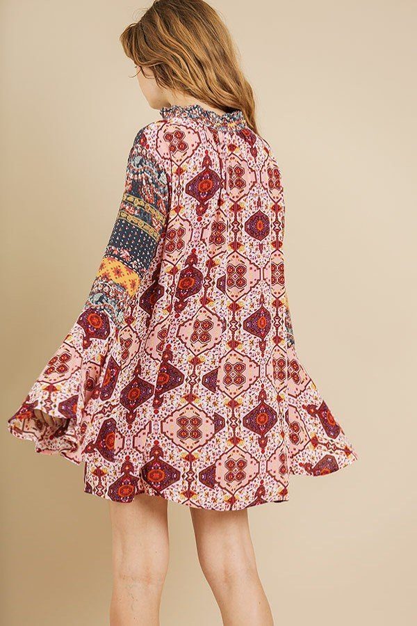 Multi-print Trumpet Sleeve Dress With A Drawstring Split Neck