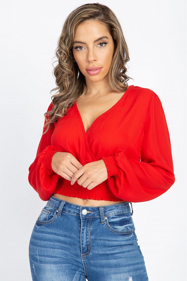 Smocked Hem Wrap Crop Top