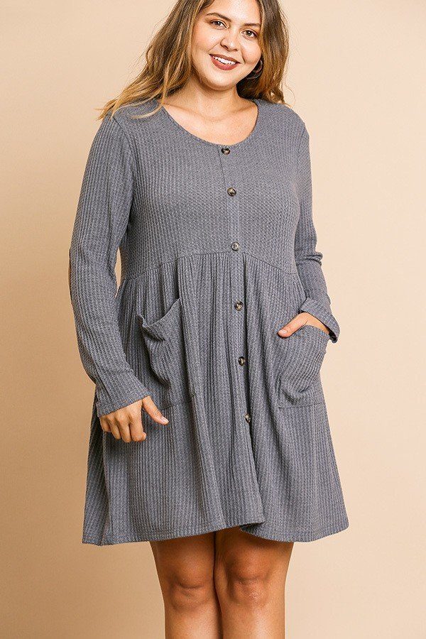 Waffle Knit Long Sleeve Round Neck Faux Button Front Babydoll Dress