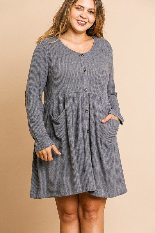 Waffle Knit Long Sleeve Round Neck Faux Button Front Babydoll Dress