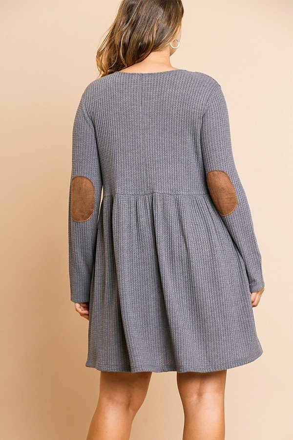 Waffle Knit Long Sleeve Round Neck Faux Button Front Babydoll Dress