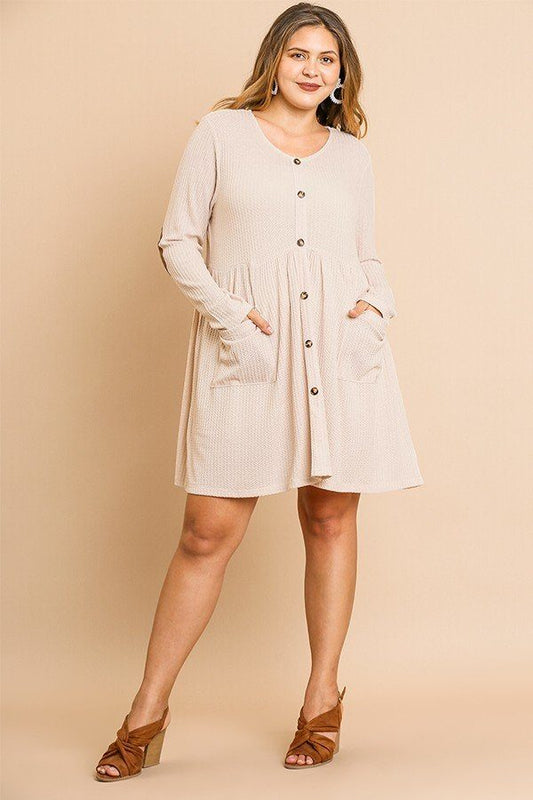 Waffle Knit Long Sleeve Round Neck Faux Button Front Babydoll Dress