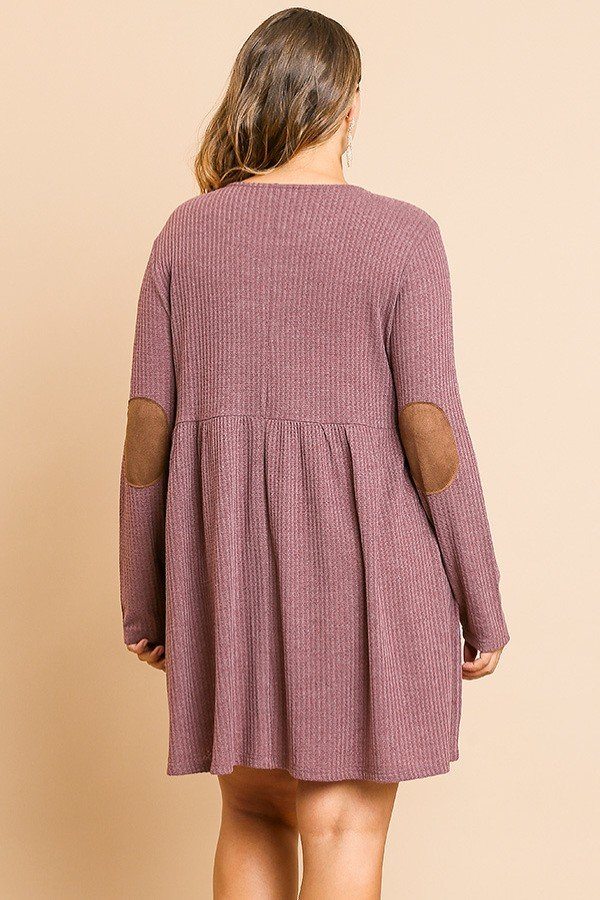 Waffle Knit Long Sleeve Round Neck Faux Button Front Babydoll Dress