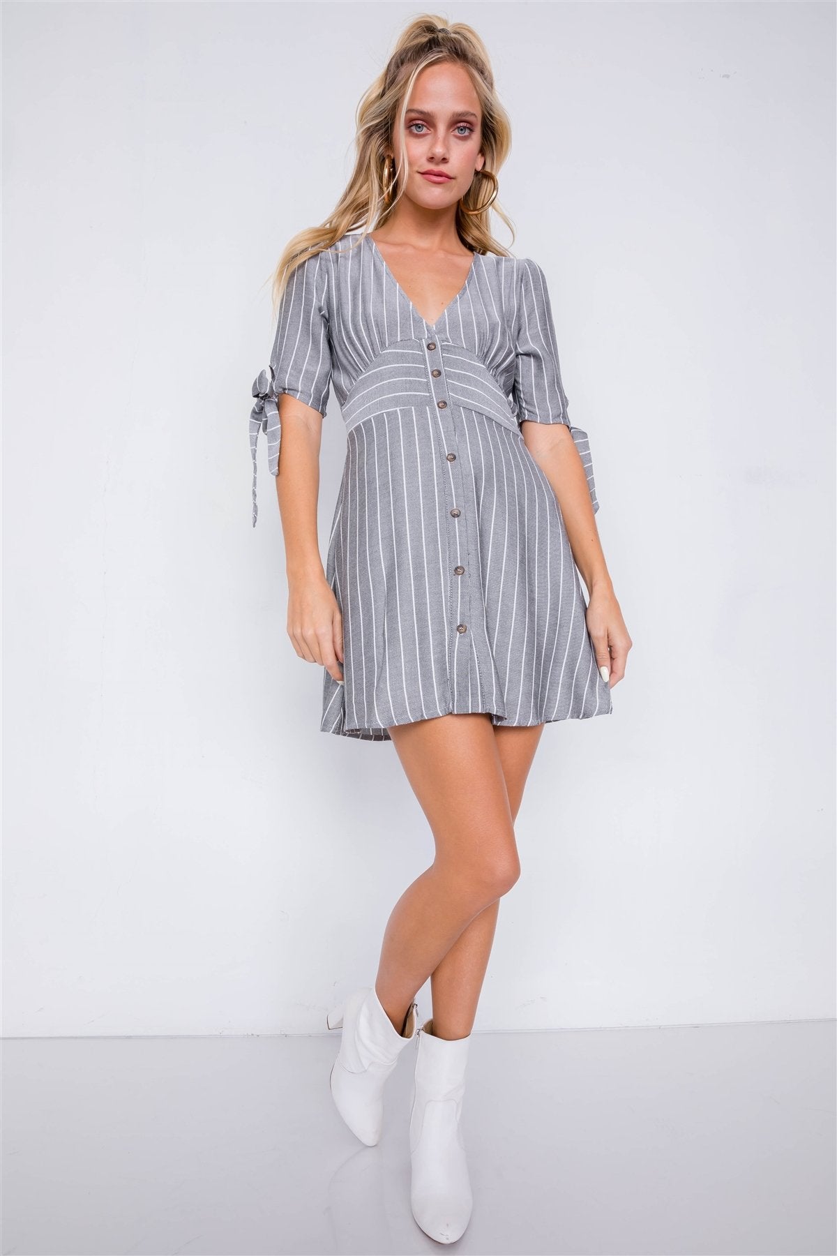 Stripe Casual Office Chic 3/4 Bow Sleeve Mini Dress