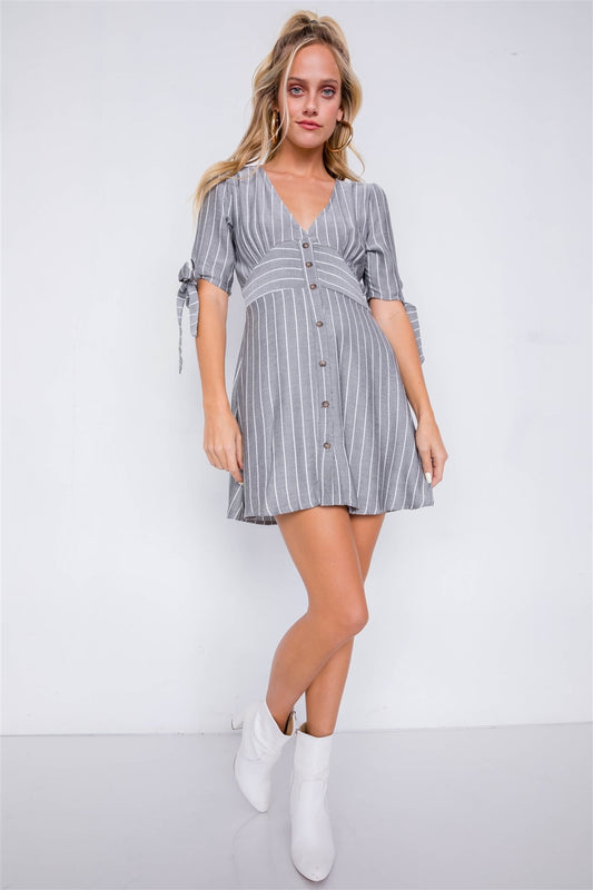 Stripe Casual Office Chic 3/4 Bow Sleeve Mini Dress