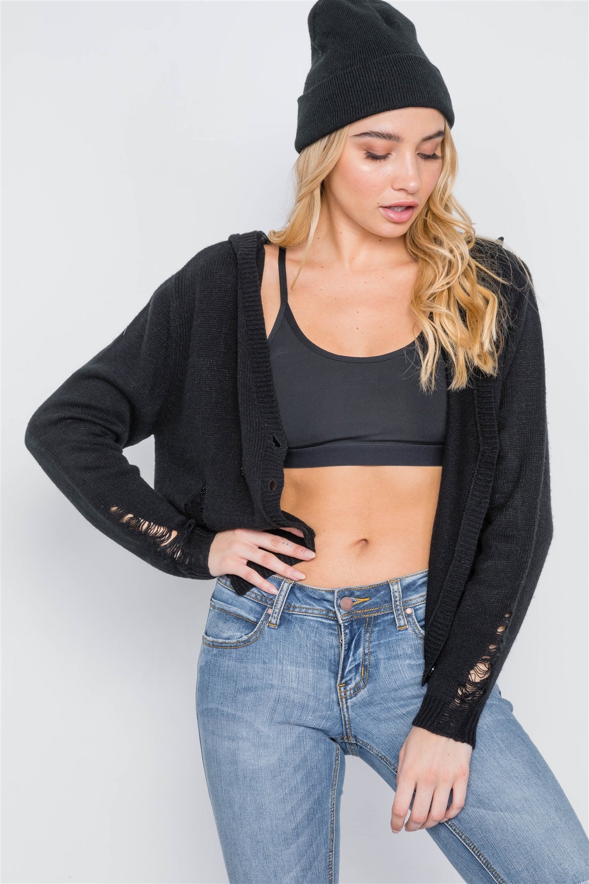 Knit Distressed Hooded Button-front Sweater