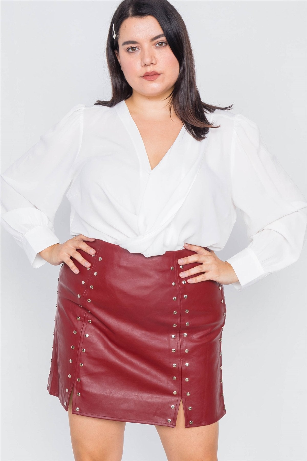 Plus Size Cherry Slit Silver Grommet Mini Leather Skirt