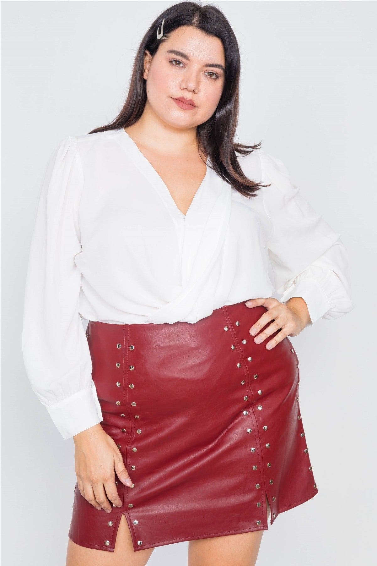 Plus Size Cherry Slit Silver Grommet Mini Leather Skirt