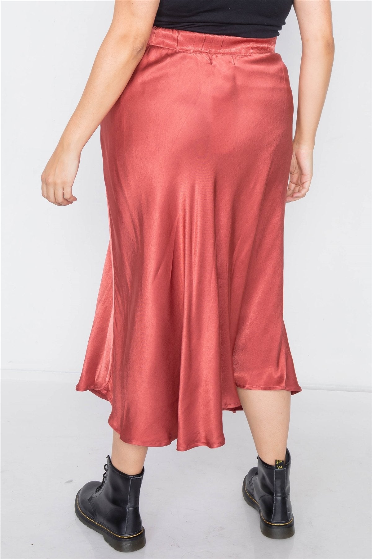 Plus Size Clay Silk Round Hem Midi Skirt