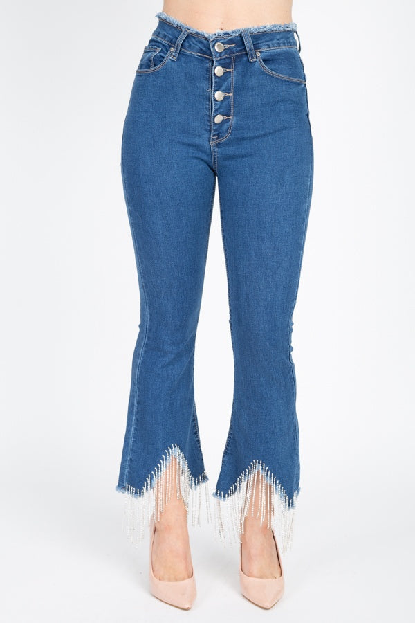 Rhinestone Fringed Flare Skinny Jeans