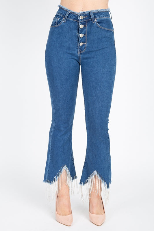 Rhinestone Fringed Flare Skinny Jeans