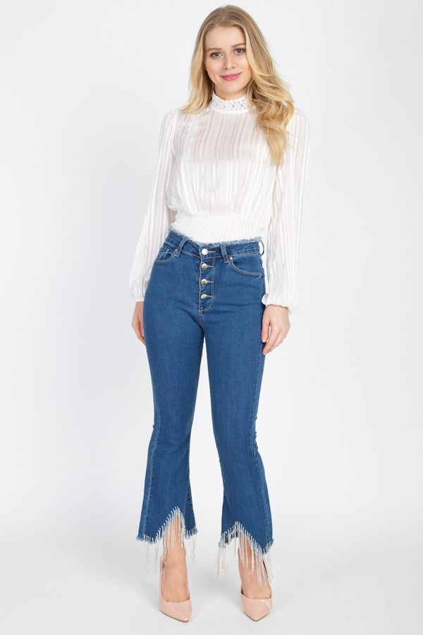 Rhinestone Fringed Flare Skinny Jeans