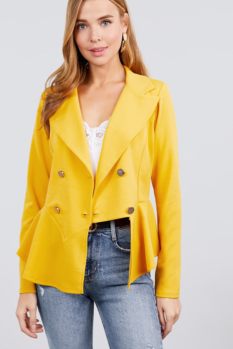 Long Sleeve Notched Lapel Collar Double Breasted Ruffle Hem Jacket