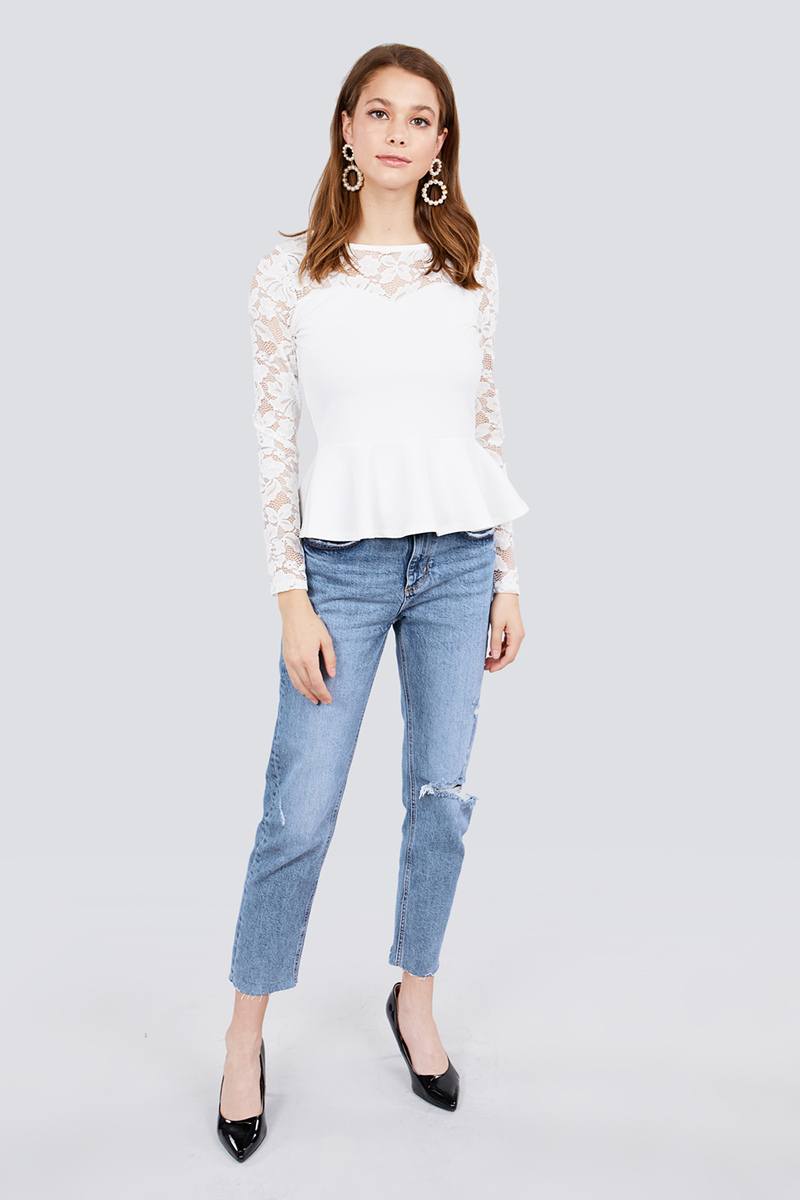 Long Sleeve Round Neck Lace Detail Peplum Knit Top