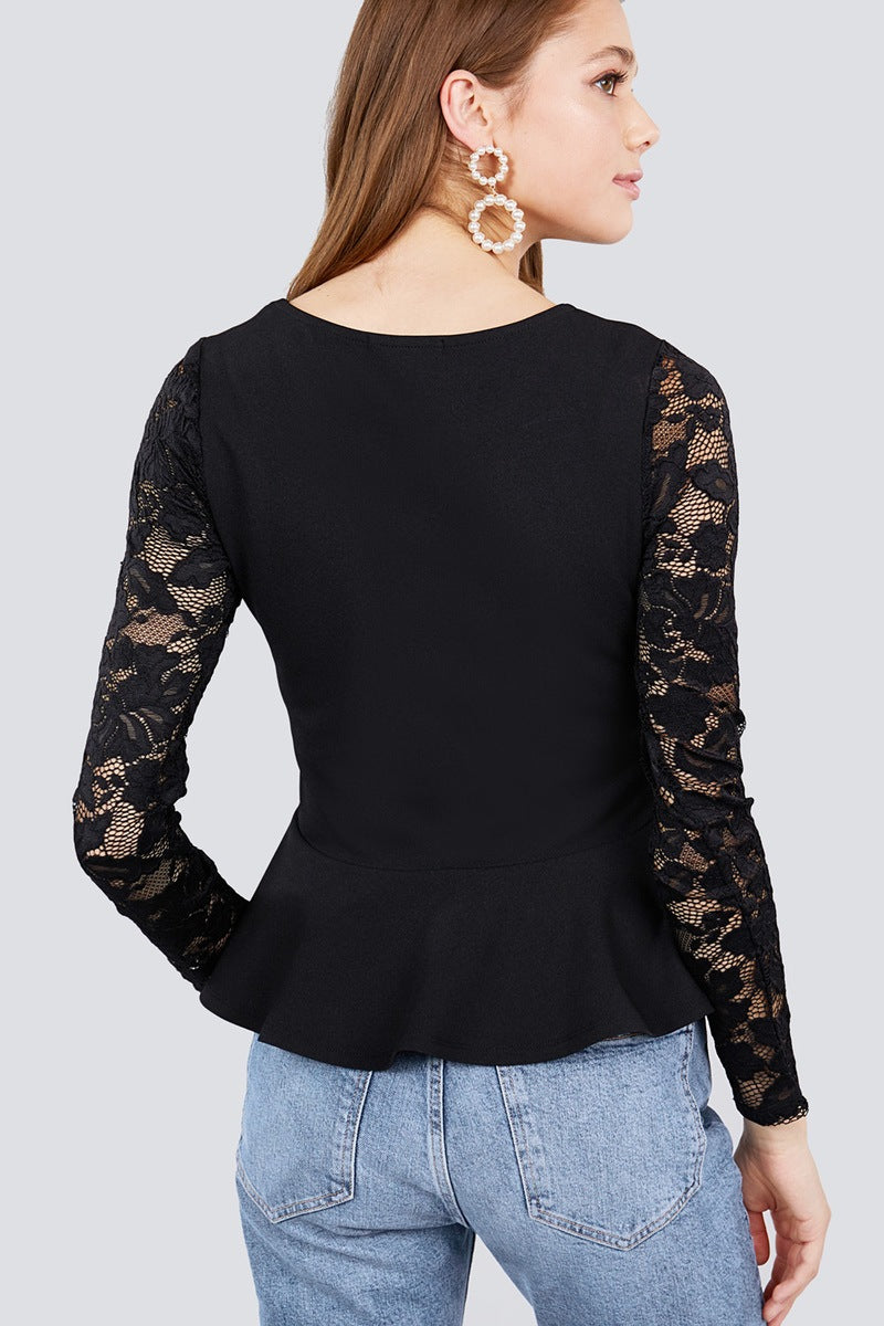 Long Sleeve Round Neck Lace Detail Peplum Knit Top