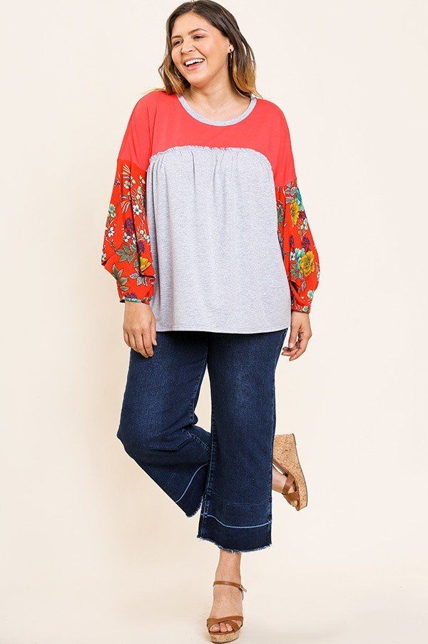 Floral Print Puff Sleeve Round Neck Heathered Top