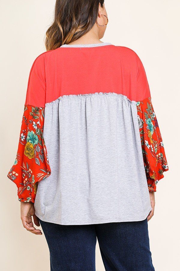 Floral Print Puff Sleeve Round Neck Heathered Top