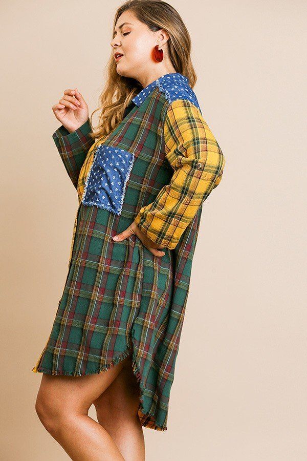 Plaid Mixed Print Long Roll Up Sleeve Collared Button Front Dress