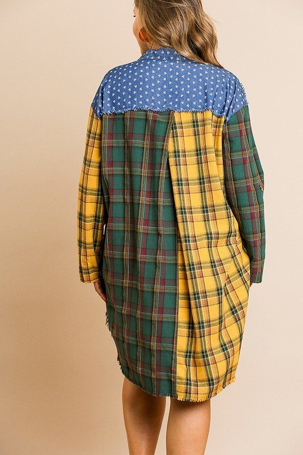 Plaid Mixed Print Long Roll Up Sleeve Collared Button Front Dress