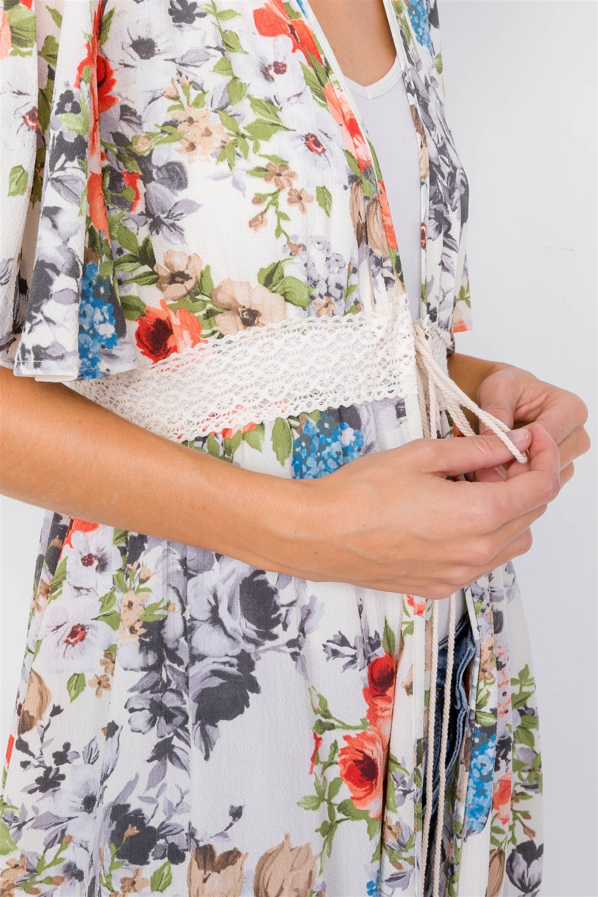 Ivory Rose & Blue Floral Print High-low Kimono Cover-up