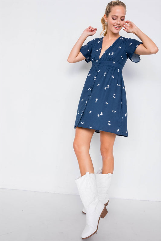 Flutter Sleeve Button Down V-neck Mini Dress