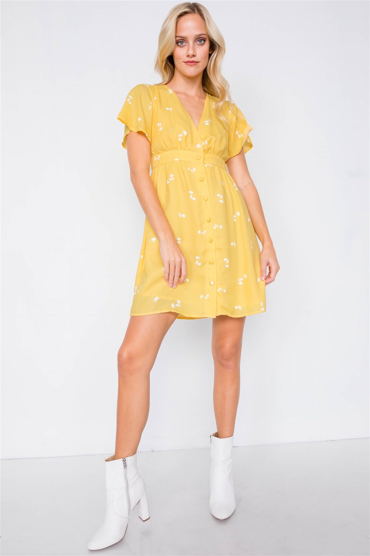 Flutter Sleeve Button Down V-neck Mini Dress