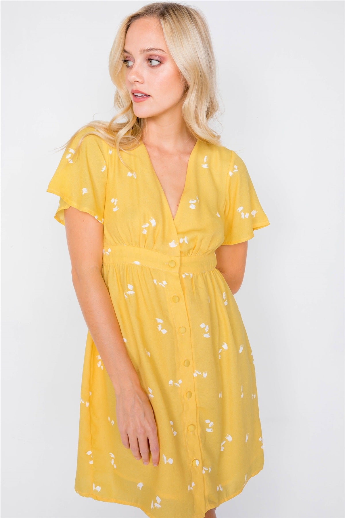 Flutter Sleeve Button Down V-neck Mini Dress