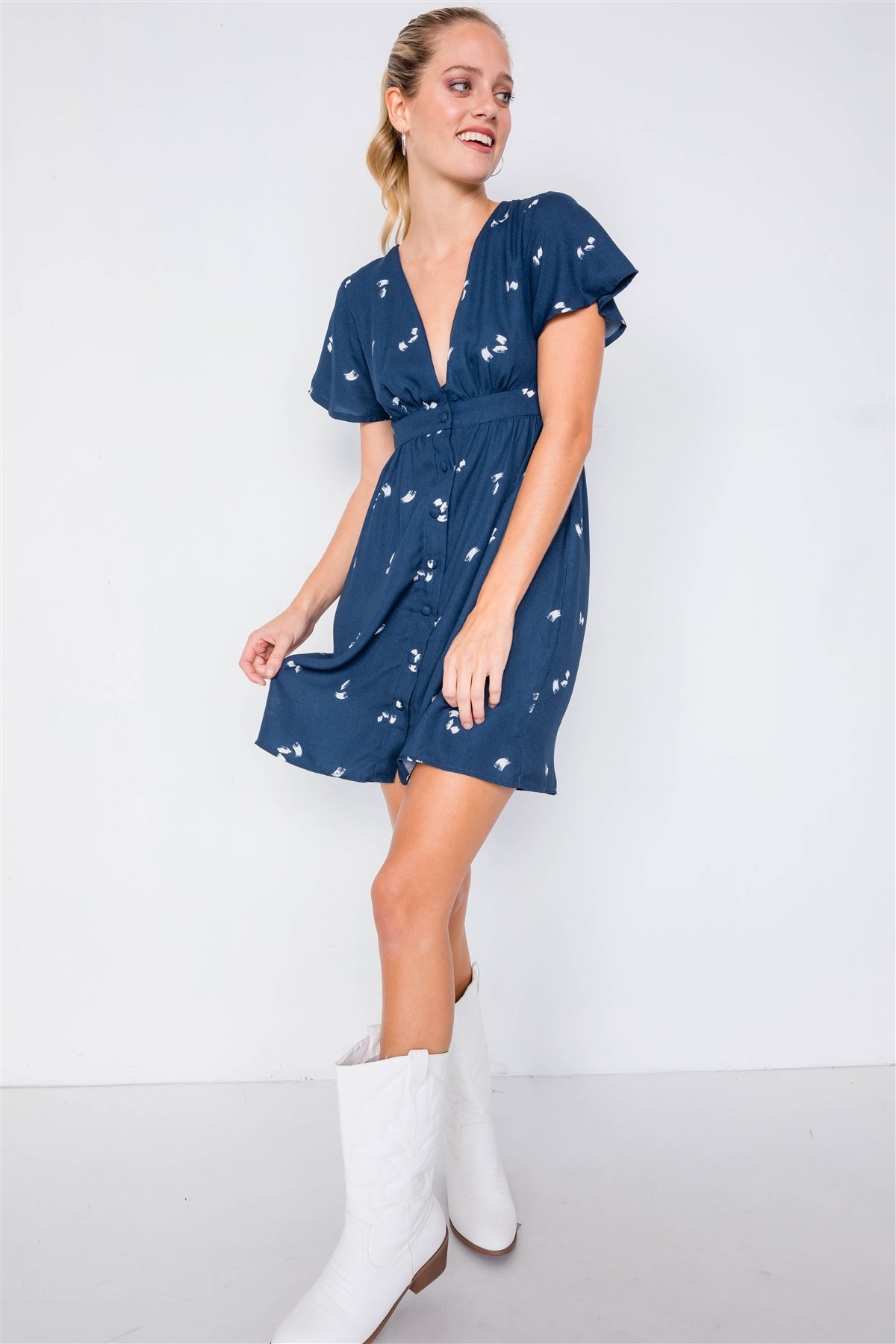 Flutter Sleeve Button Down V-neck Mini Dress