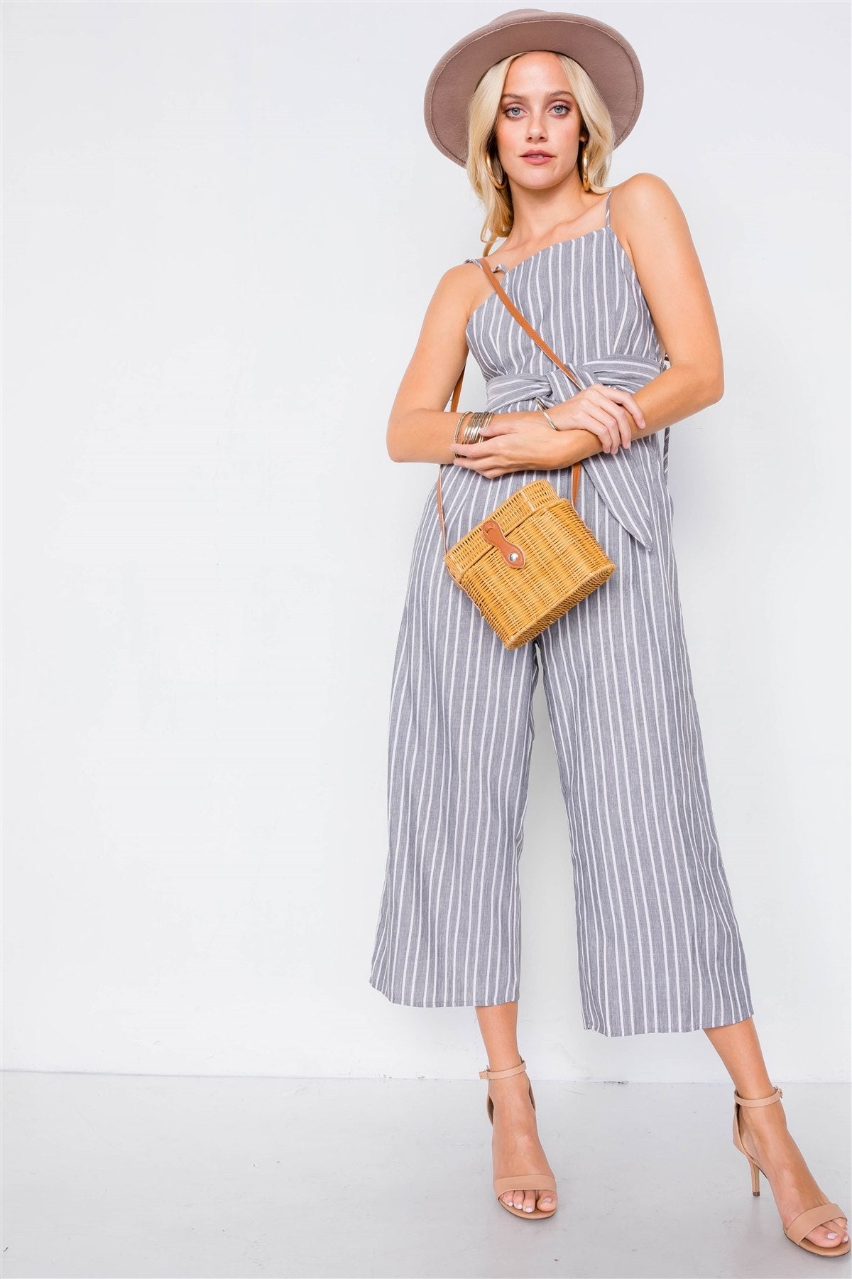 Stripe Front Tie Waist Band Open Back Jumpsuit