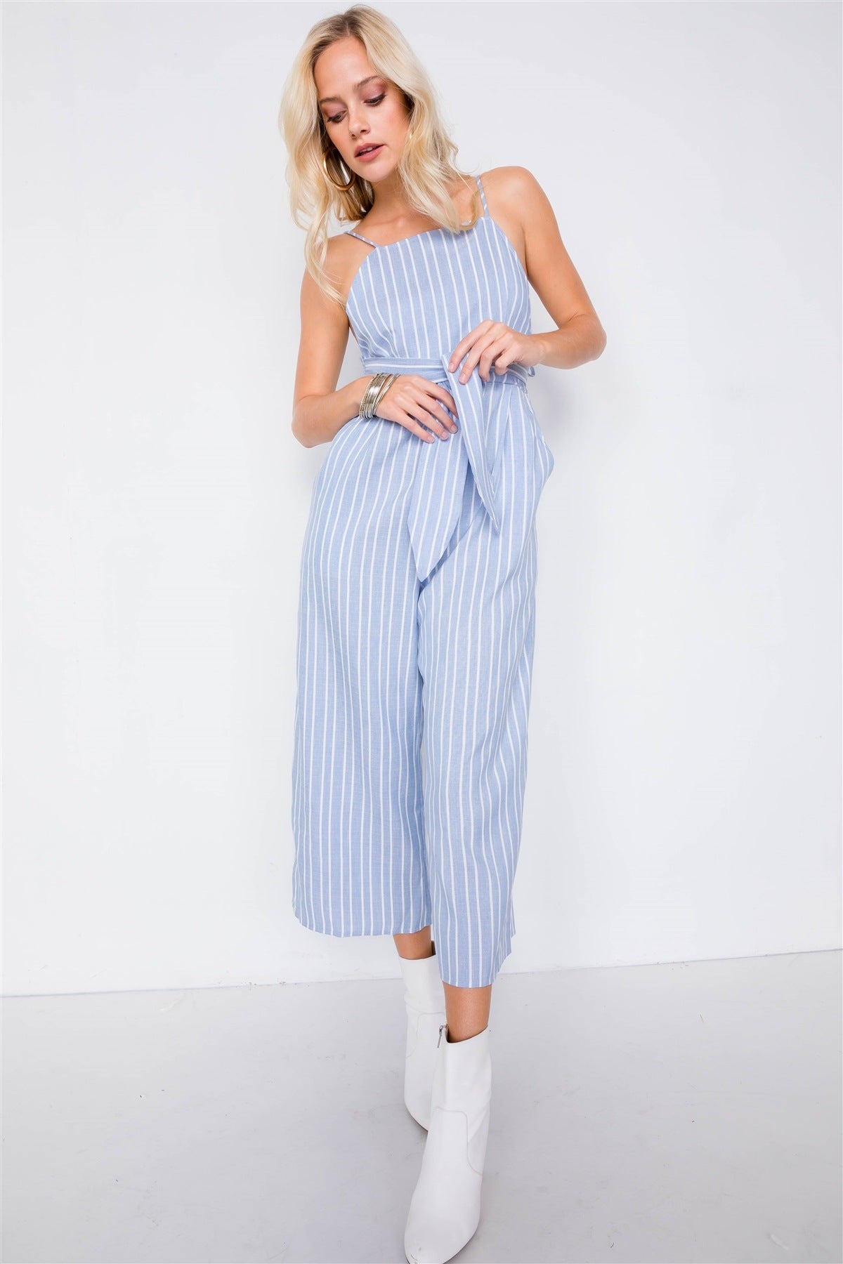 Stripe Front Tie Waist Band Open Back Jumpsuit