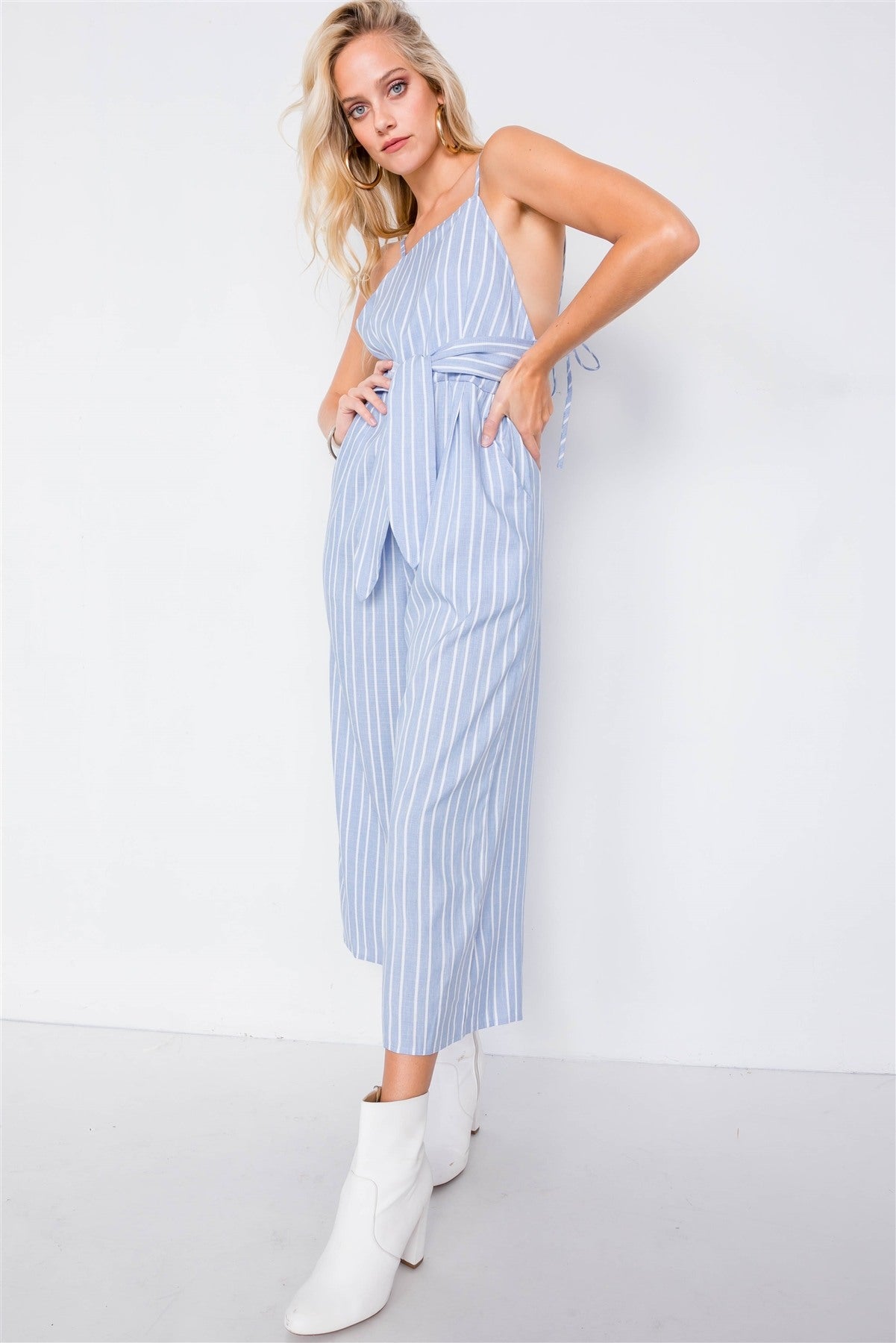 Stripe Front Tie Waist Band Open Back Jumpsuit