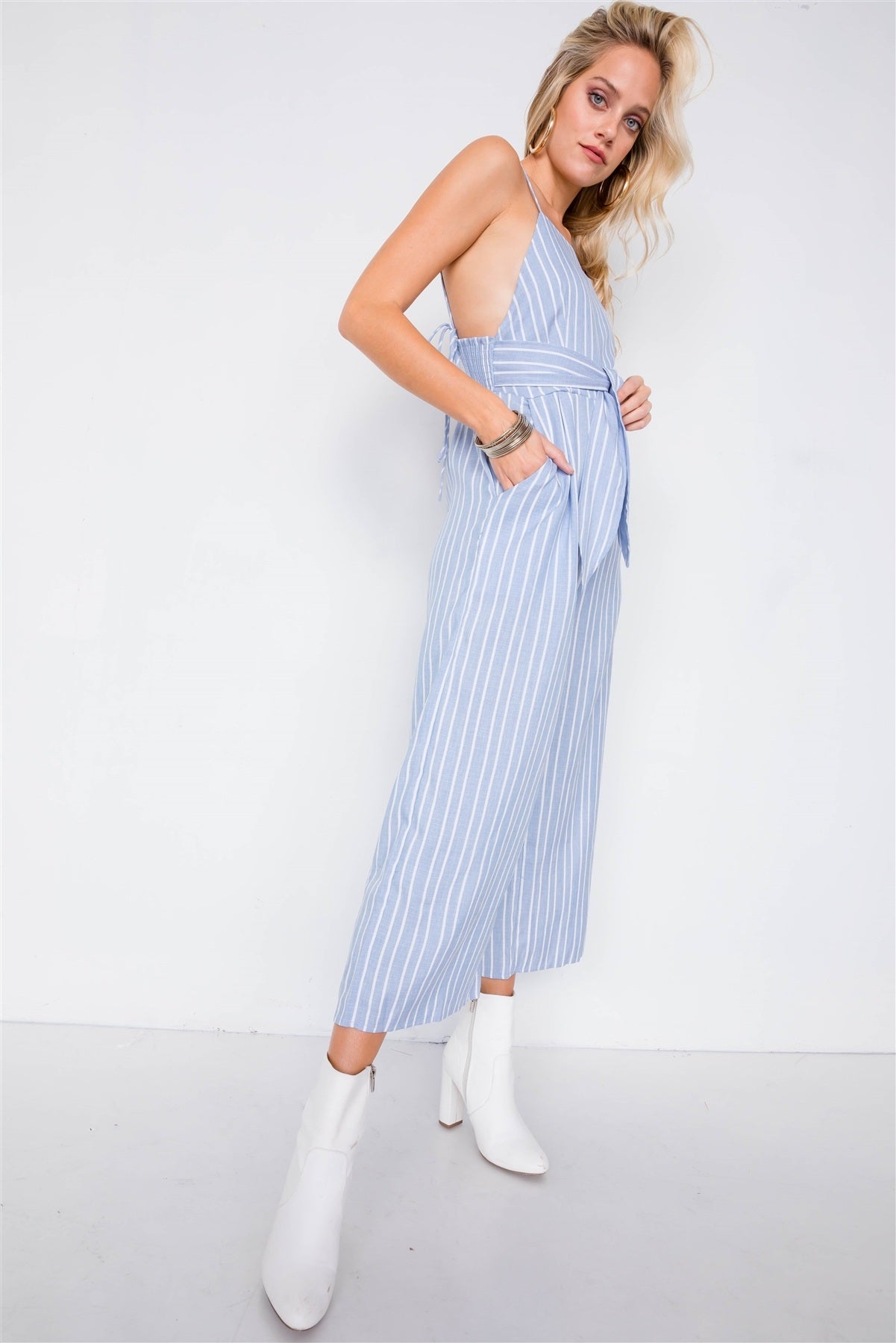 Stripe Front Tie Waist Band Open Back Jumpsuit