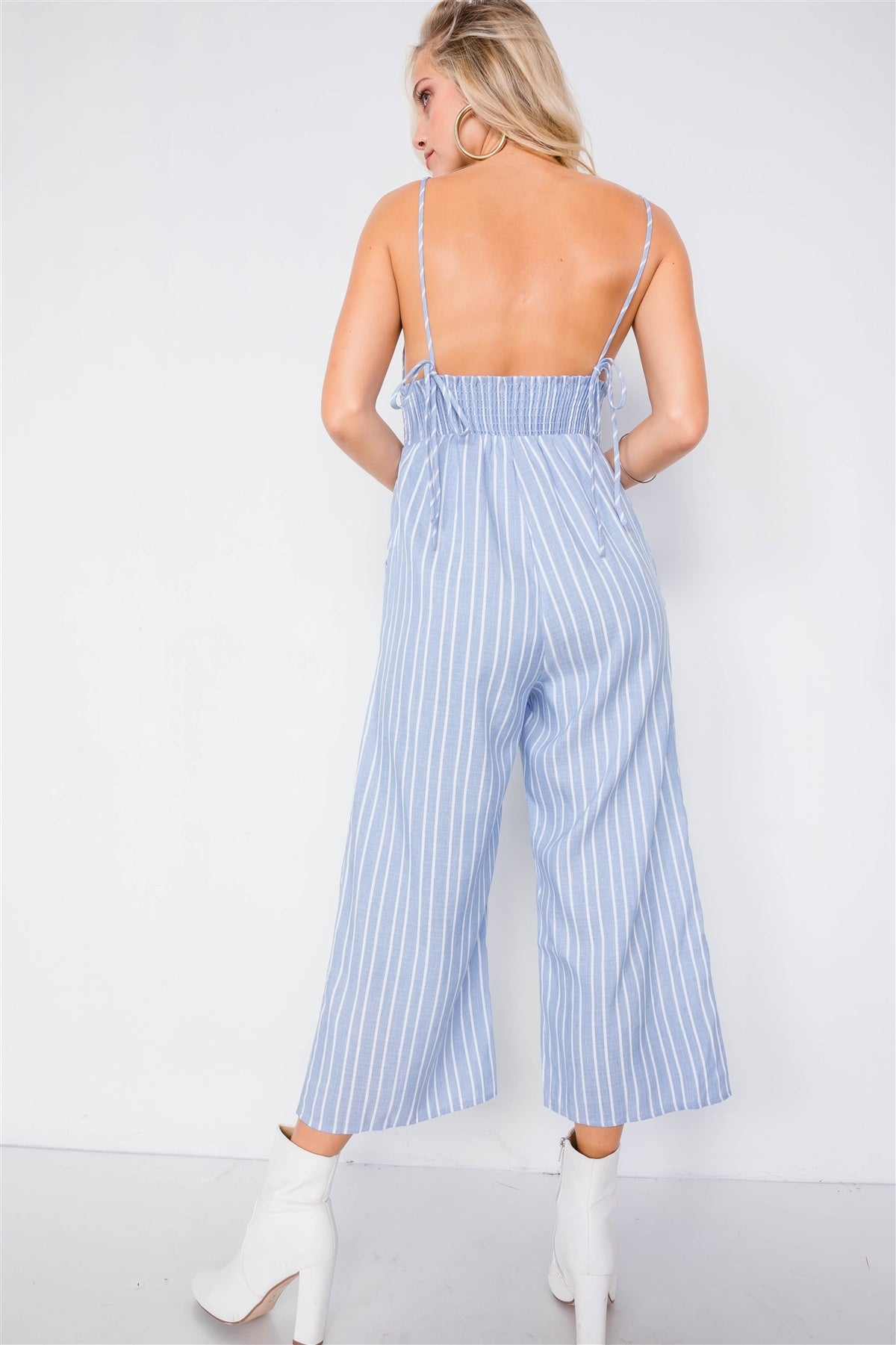 Stripe Front Tie Waist Band Open Back Jumpsuit