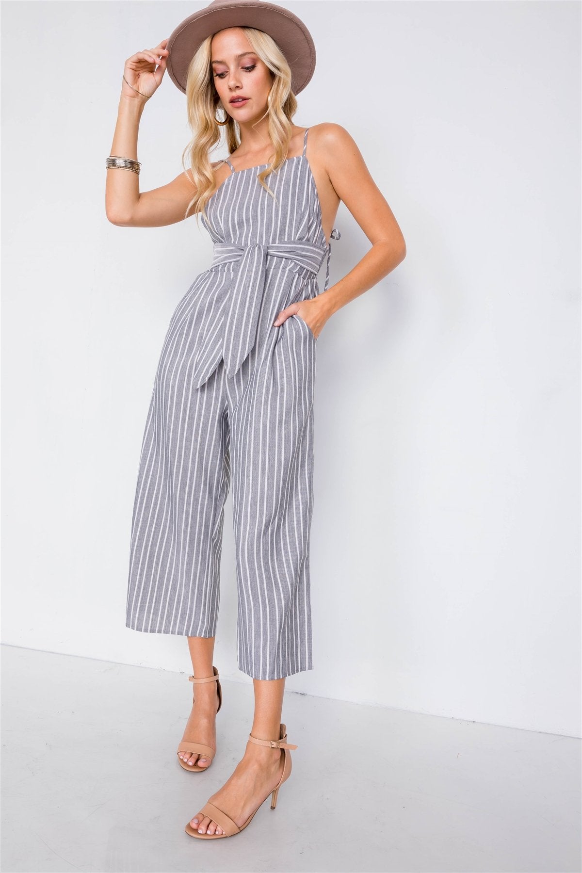 Stripe Front Tie Waist Band Open Back Jumpsuit