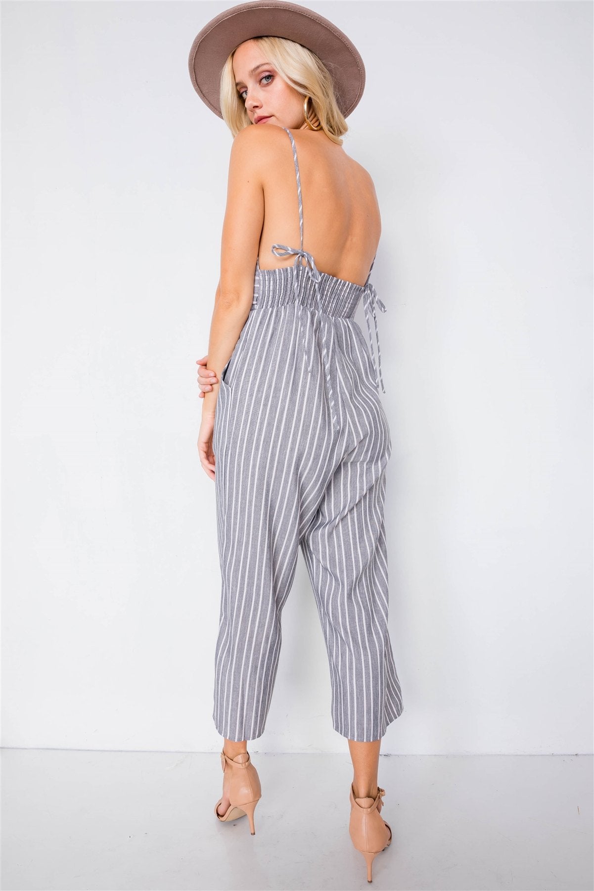 Stripe Front Tie Waist Band Open Back Jumpsuit