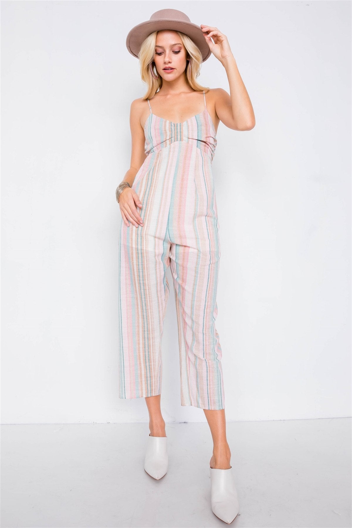 Multi Stripe Ribbon Shaped Front Smocking Back Jumpsuit