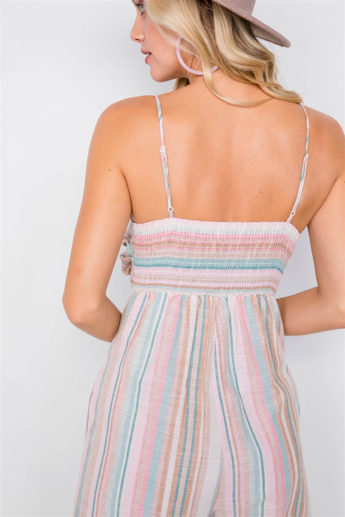 Multi Stripe Ribbon Shaped Front Smocking Back Jumpsuit