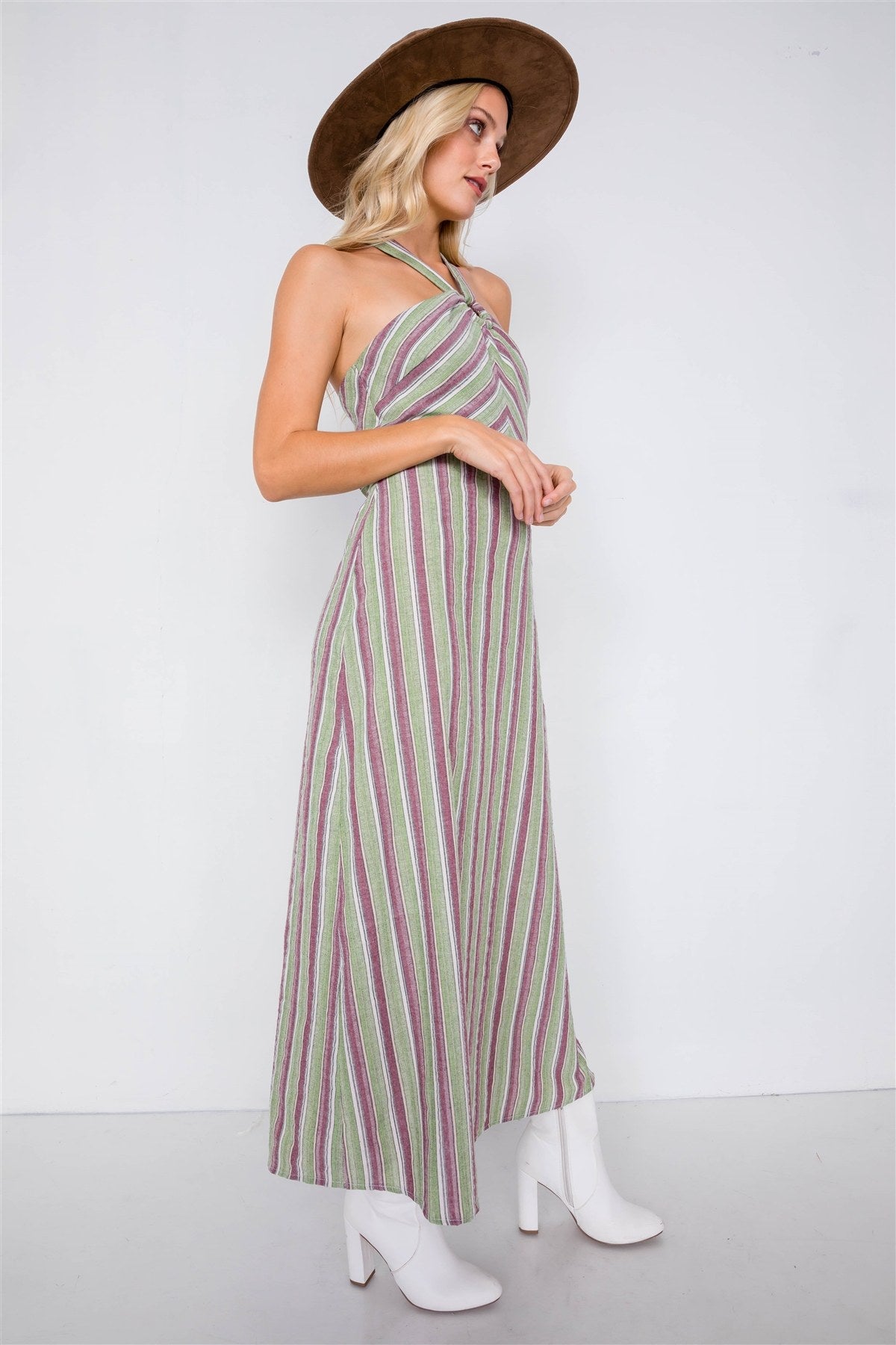 Green Multi Stripe Wooden Center Cut Out Halter Maxi Dress