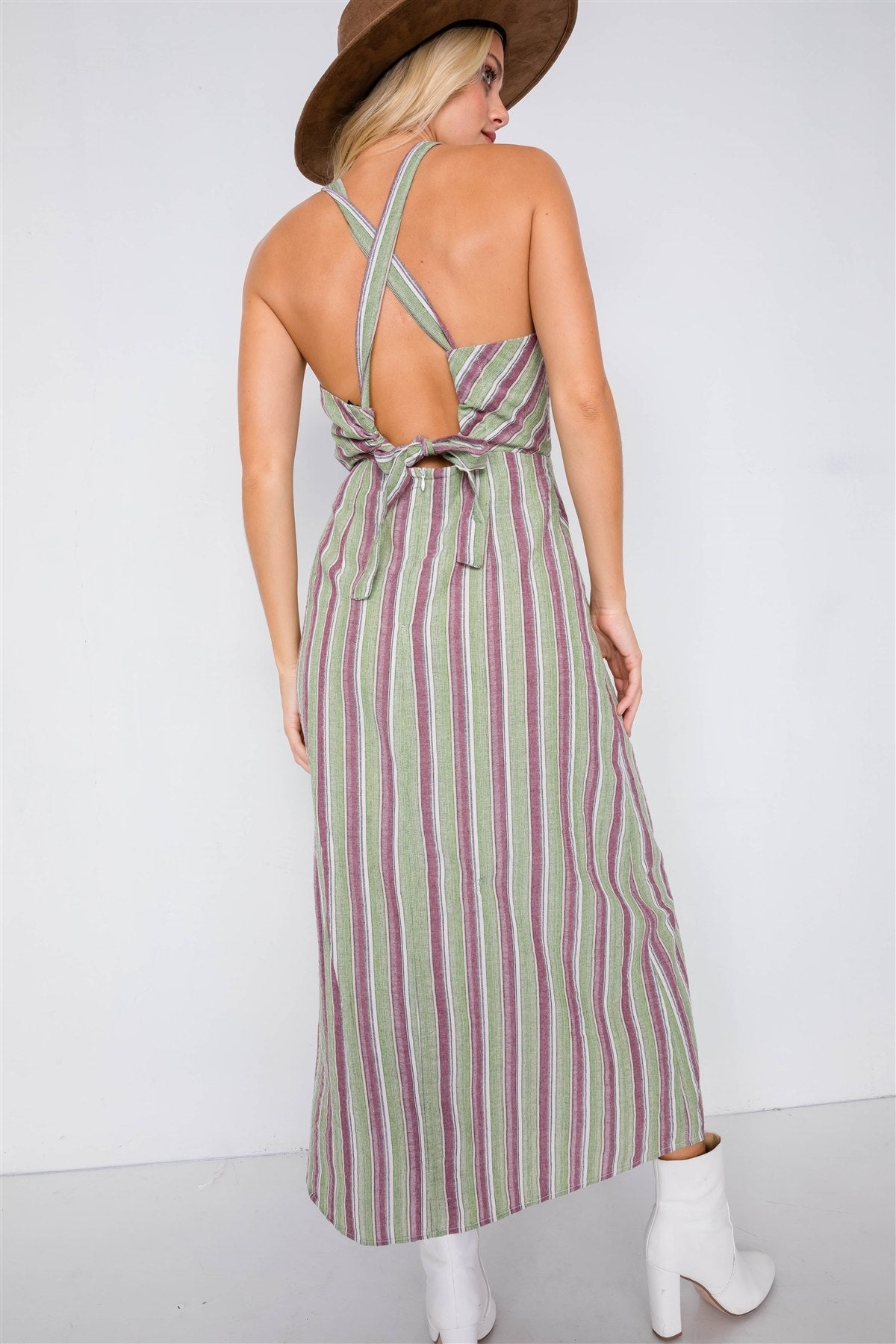 Green Multi Stripe Wooden Center Cut Out Halter Maxi Dress