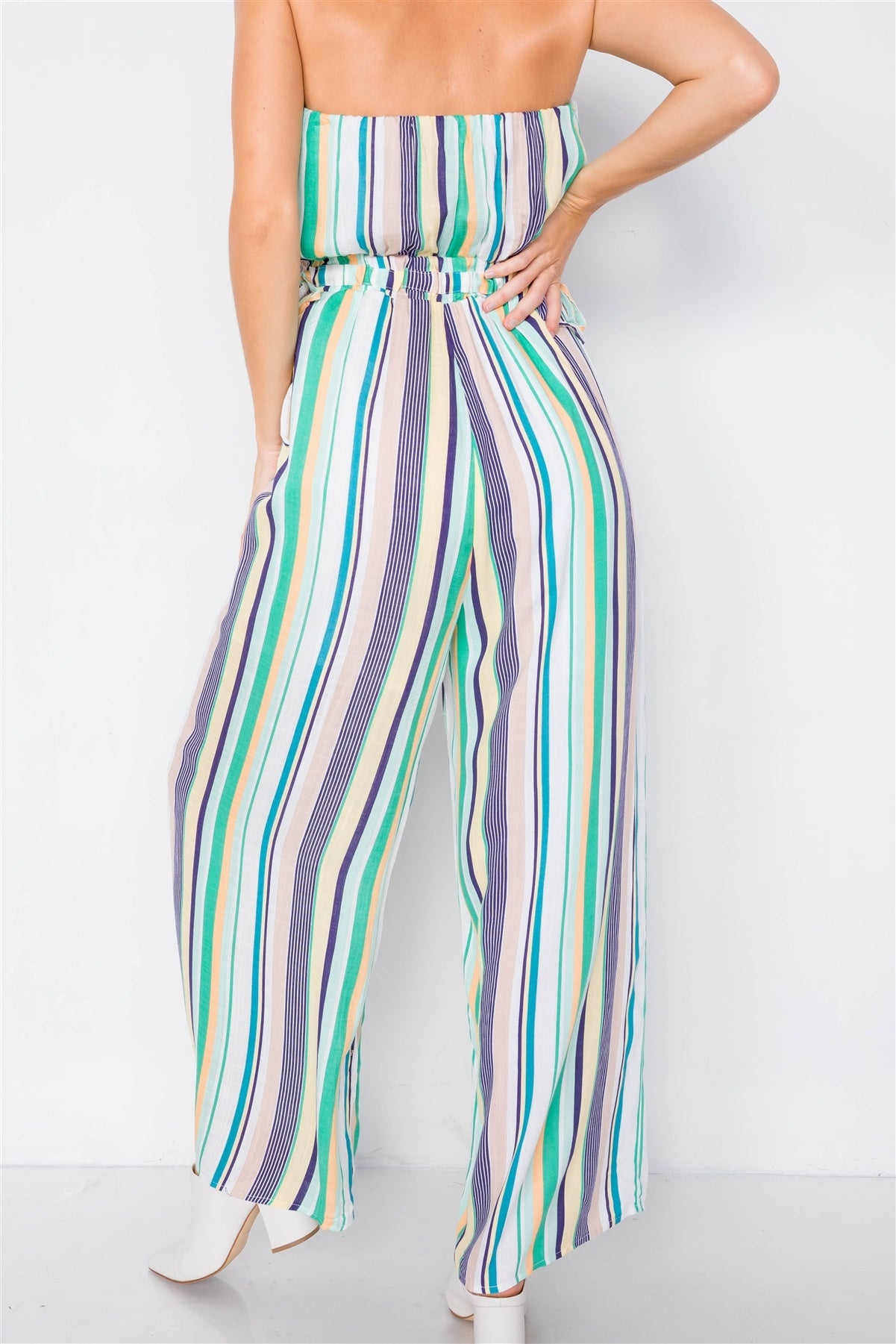 Green Multi Stripe Strapless Lightweight Wide Leg Jumpsuit