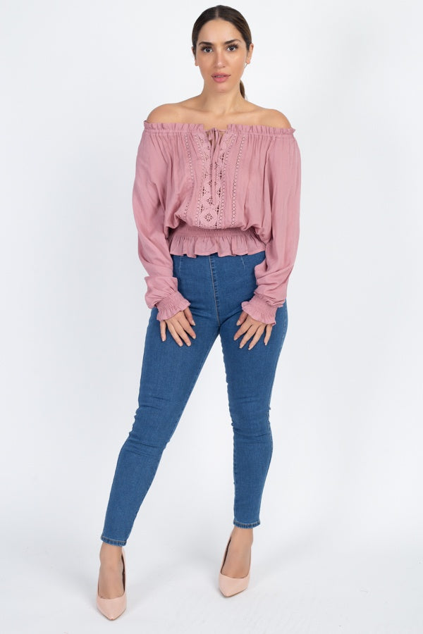 Off Shoulder Embroidered Shirt