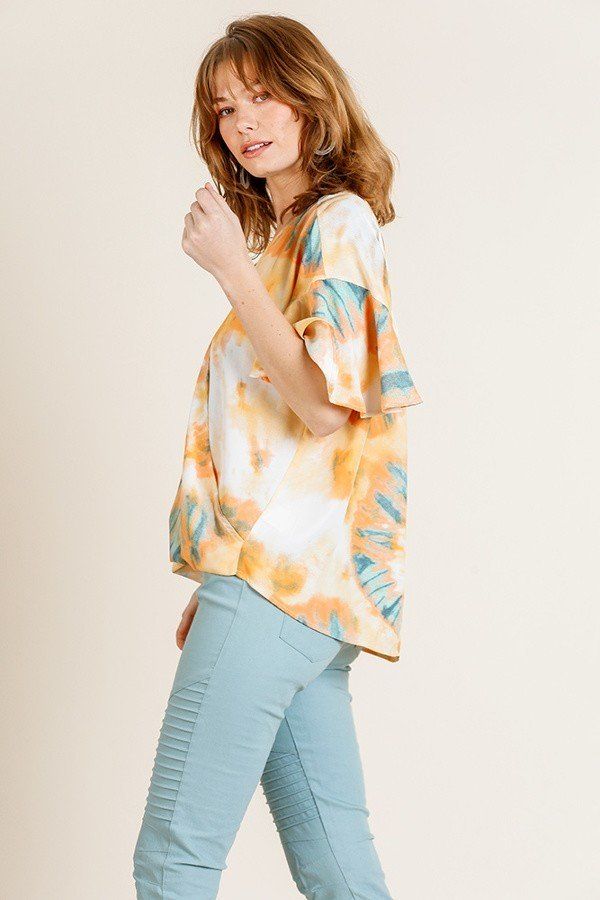 Printed Ruffle Bell Sleeve V-neck Cross Body Top