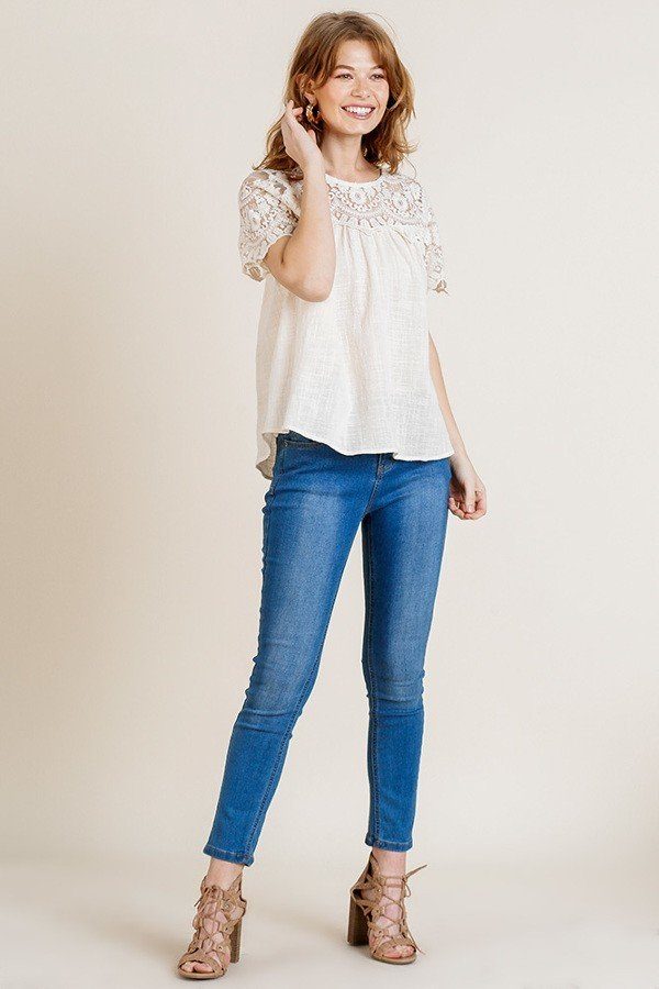 Sheer Floral Short Sleeve Lace Yoke Keyhole Top