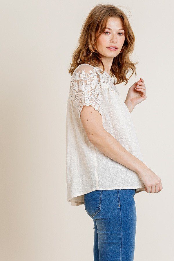 Sheer Floral Short Sleeve Lace Yoke Keyhole Top