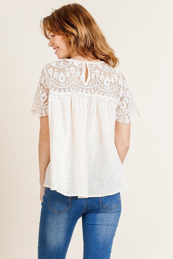 Sheer Floral Short Sleeve Lace Yoke Keyhole Top