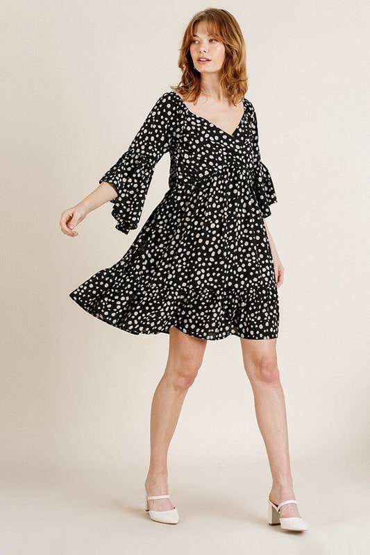 Dalmatian Print Ruffle Bell Sleeve Sweetheart Neckline Dress