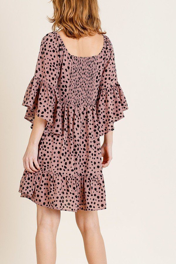 Dalmatian Print Ruffle Bell Sleeve Sweetheart Neckline Dress